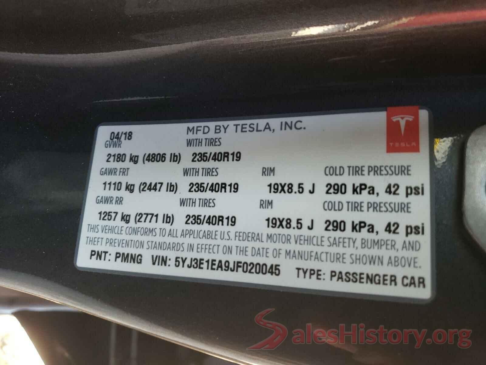 5YJ3E1EA9JF020045 2018 TESLA MODEL 3