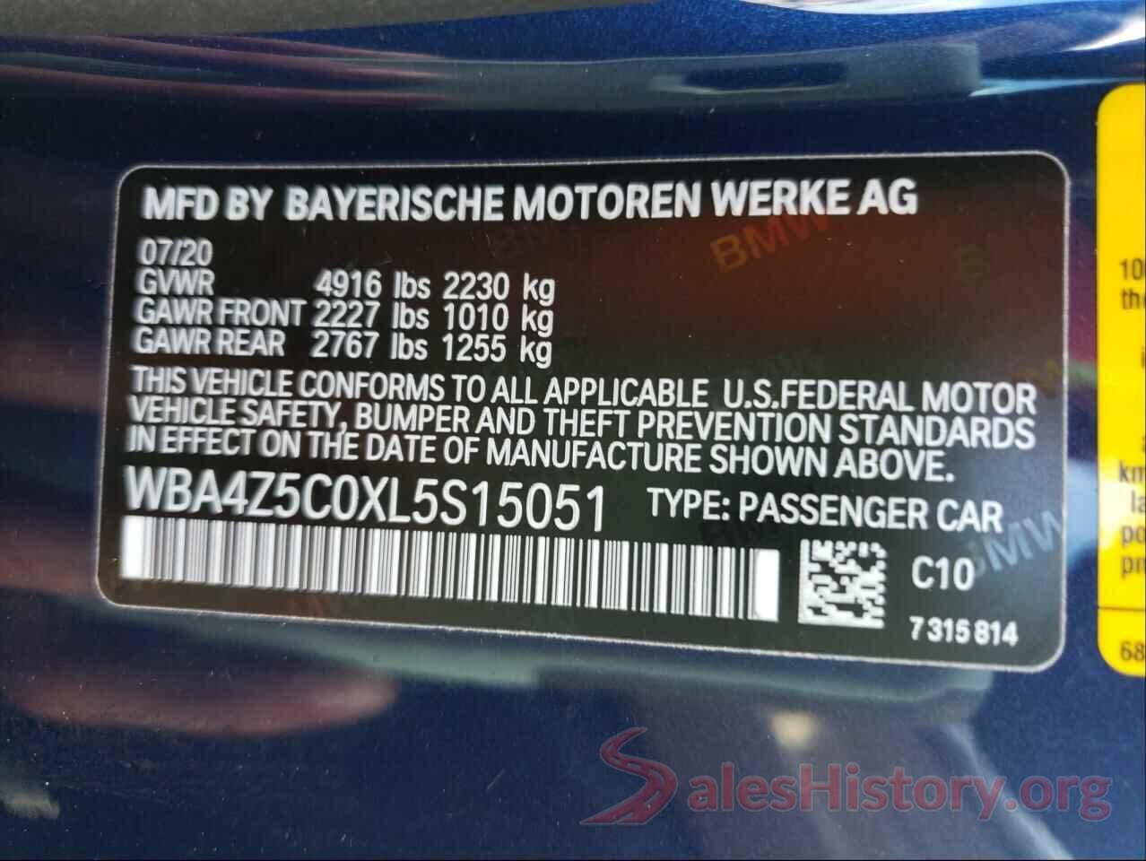 WBA4Z5C0XL5S15051 2020 BMW 4 SERIES