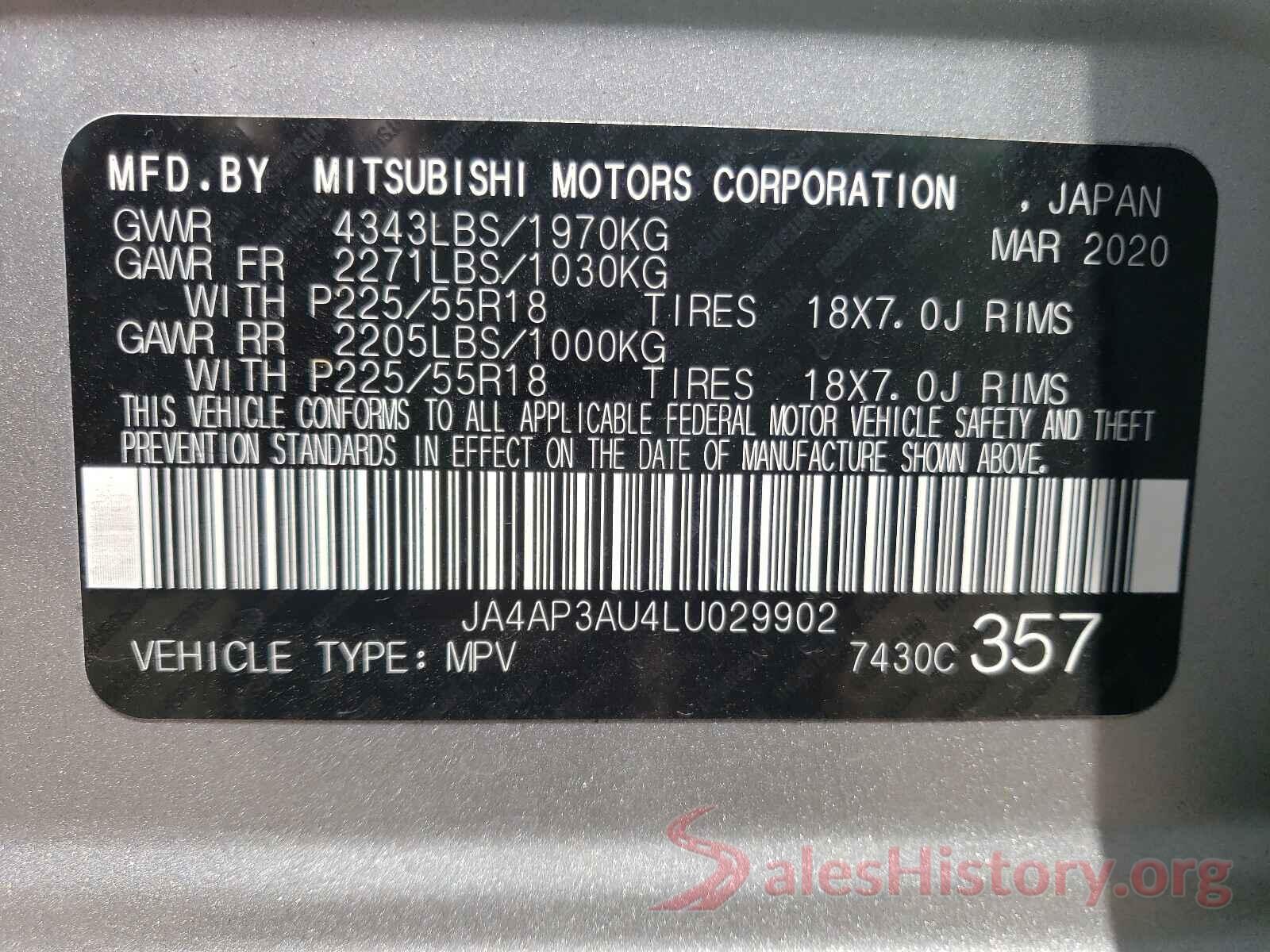 JA4AP3AU4LU029902 2020 MITSUBISHI OUTLANDER