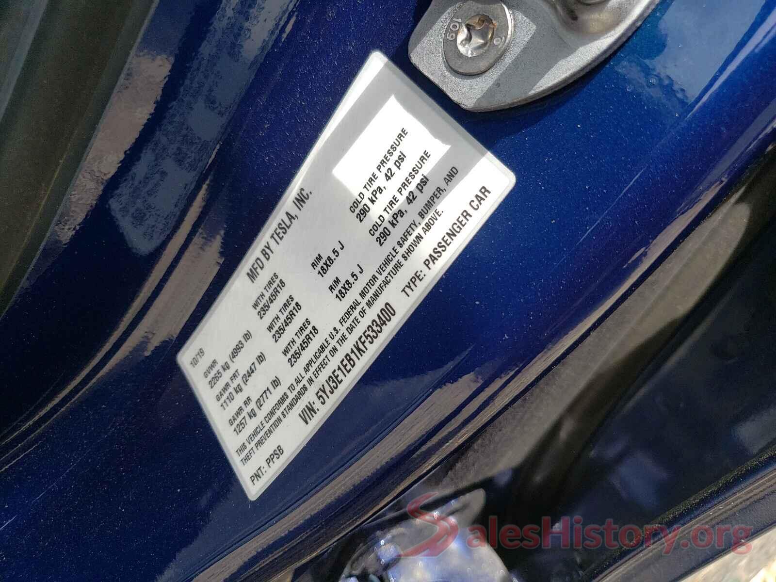 5YJ3E1EB1KF533400 2019 TESLA MODEL 3