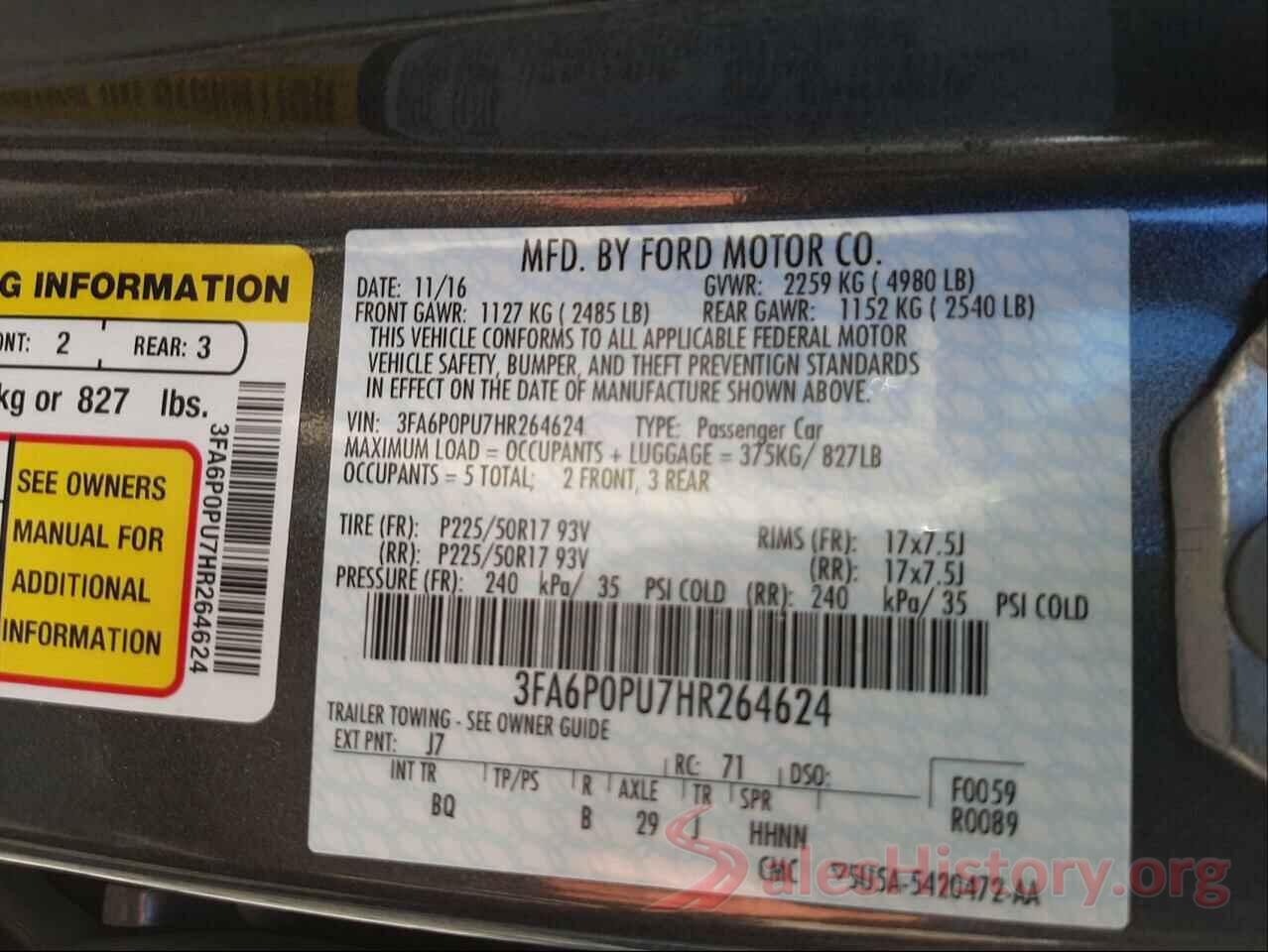 3FA6P0PU7HR264624 2017 FORD FUSION