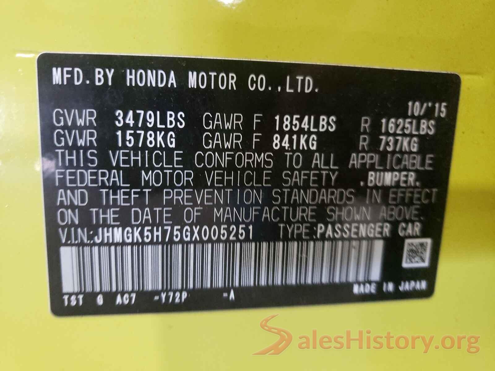 JHMGK5H75GX005251 2016 HONDA FIT