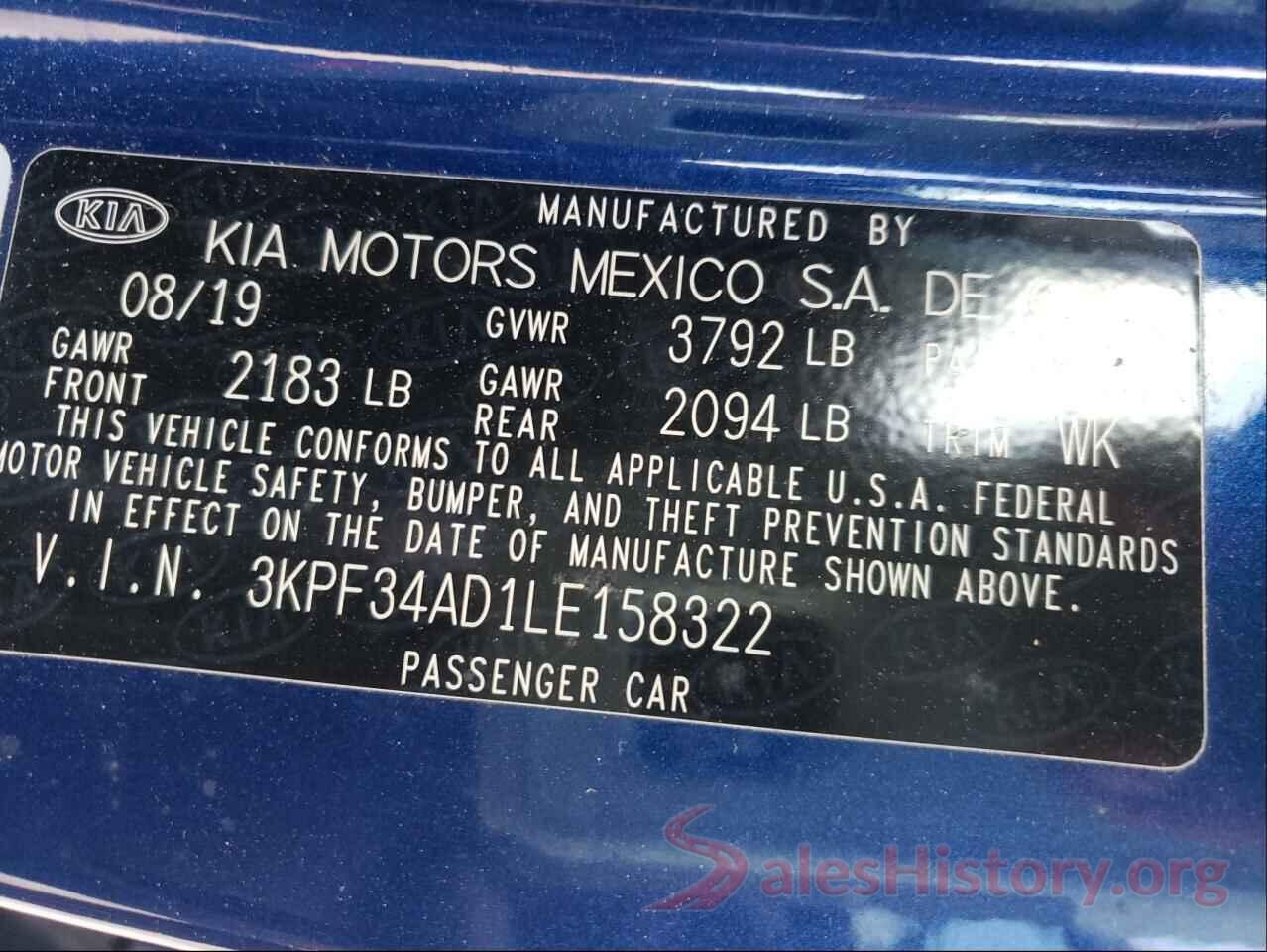 3KPF34AD1LE158322 2020 KIA FORTE