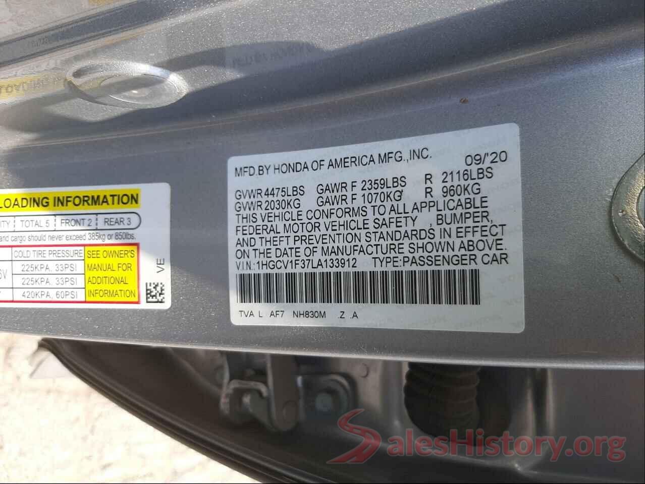 1HGCV1F37LA133912 2020 HONDA ACCORD