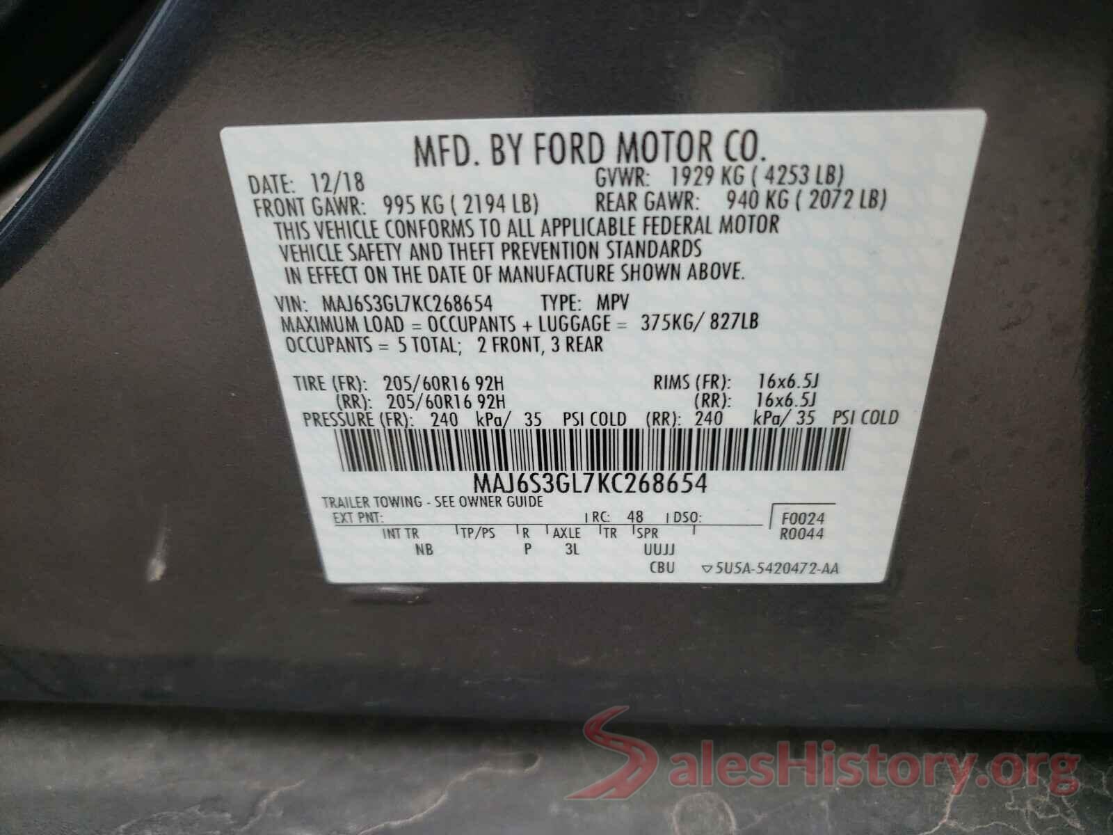 MAJ6S3GL7KC268654 2019 FORD ALL OTHER