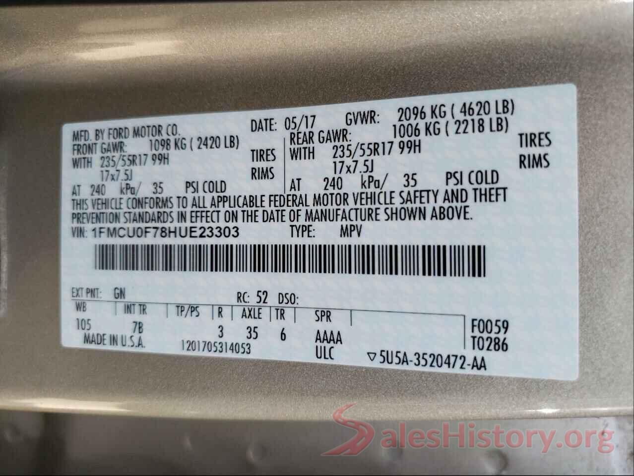 1FMCU0F78HUE23303 2017 FORD ESCAPE