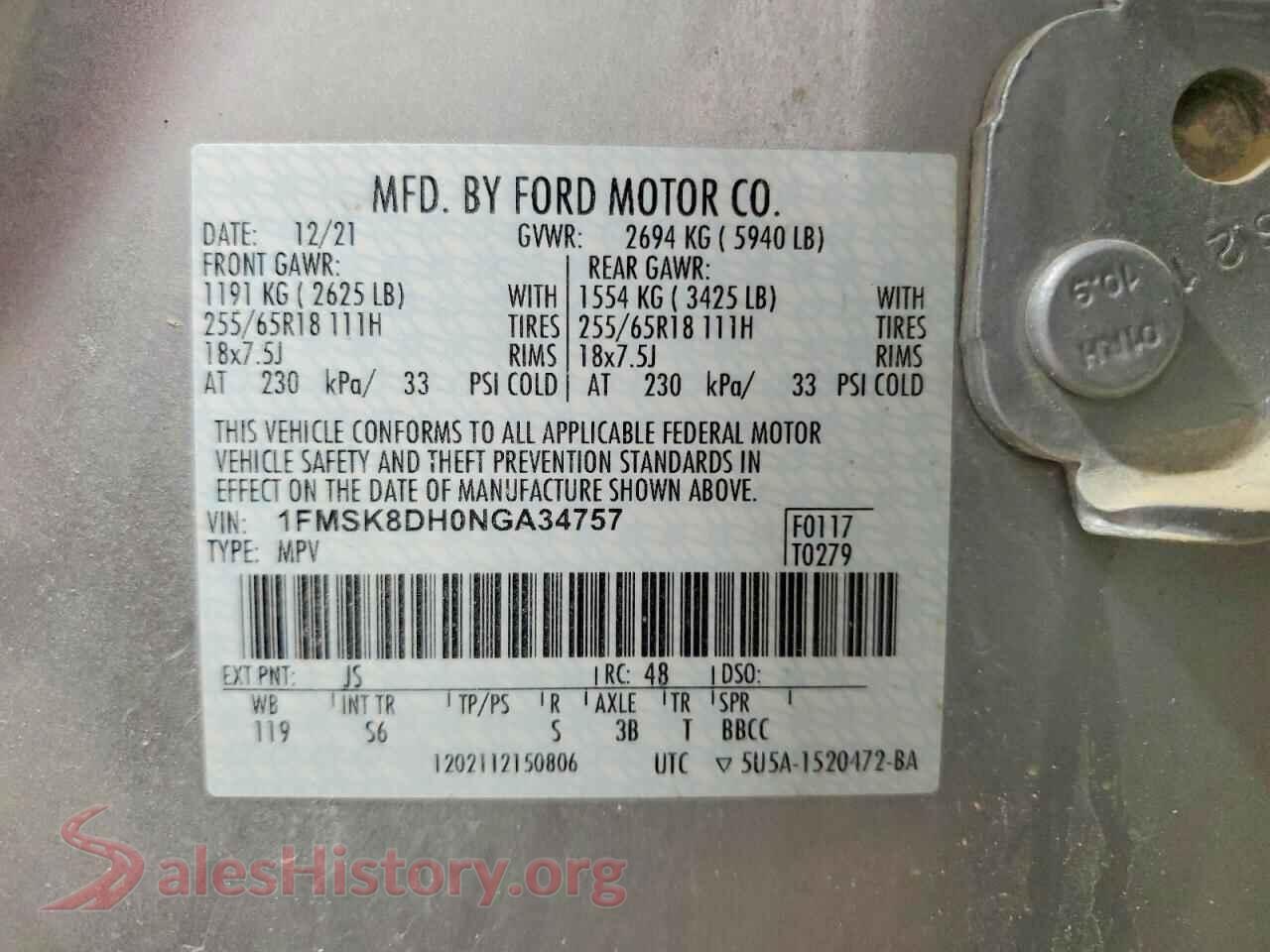2022 FORD EXPLORER VIN 1FMSK8DH0NGA34757, trunk area