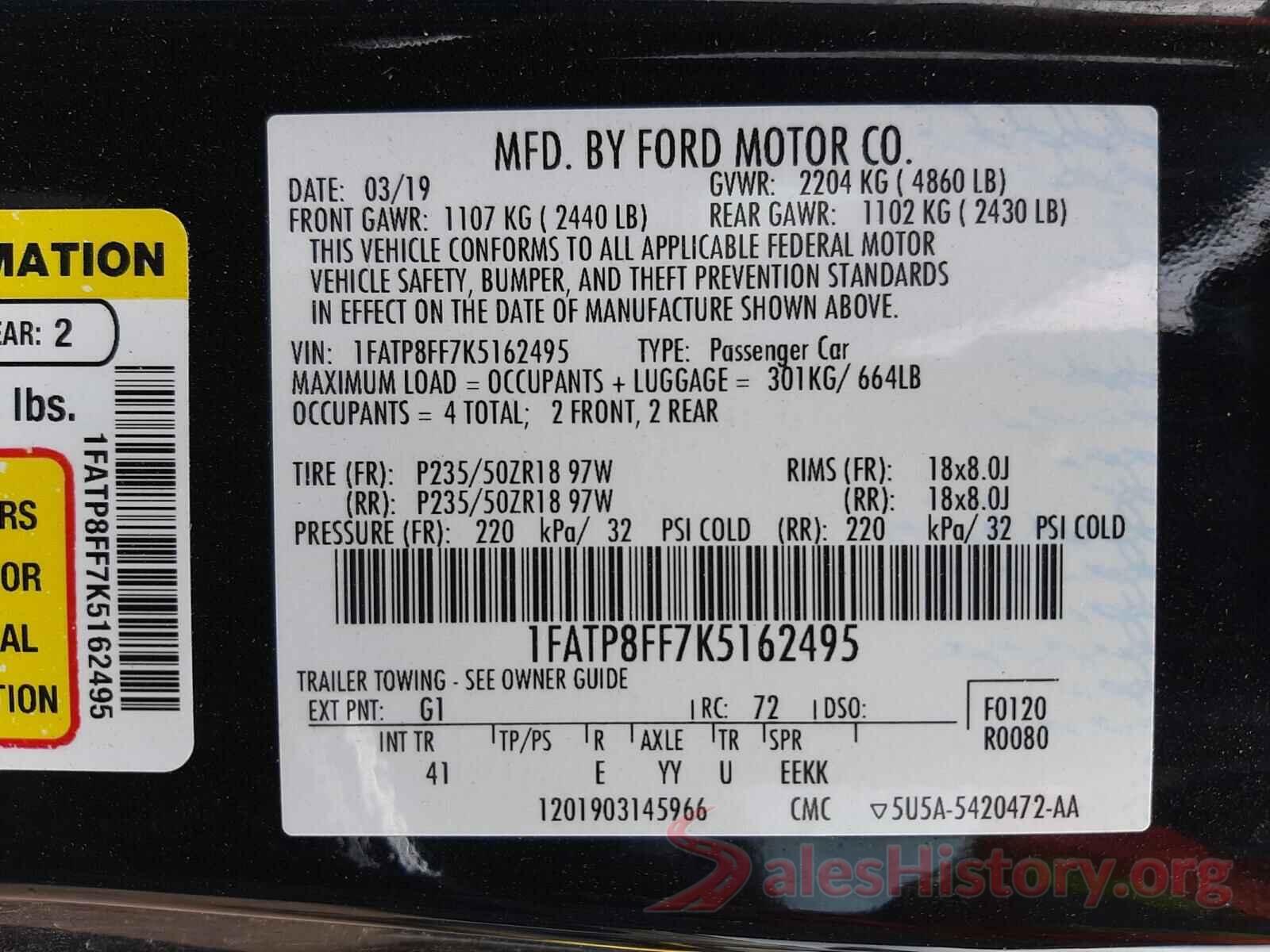 1FATP8FF7K5162495 2019 FORD MUSTANG