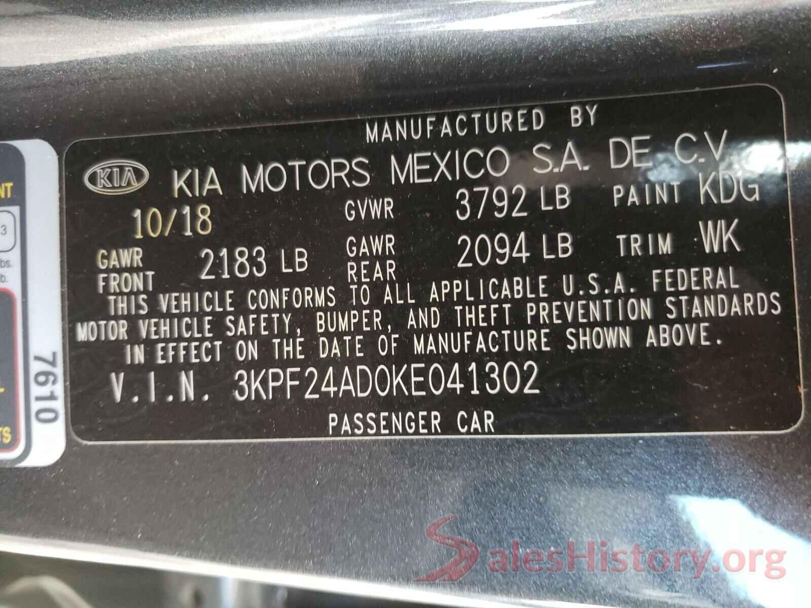 3KPF24AD0KE041302 2019 KIA FORTE