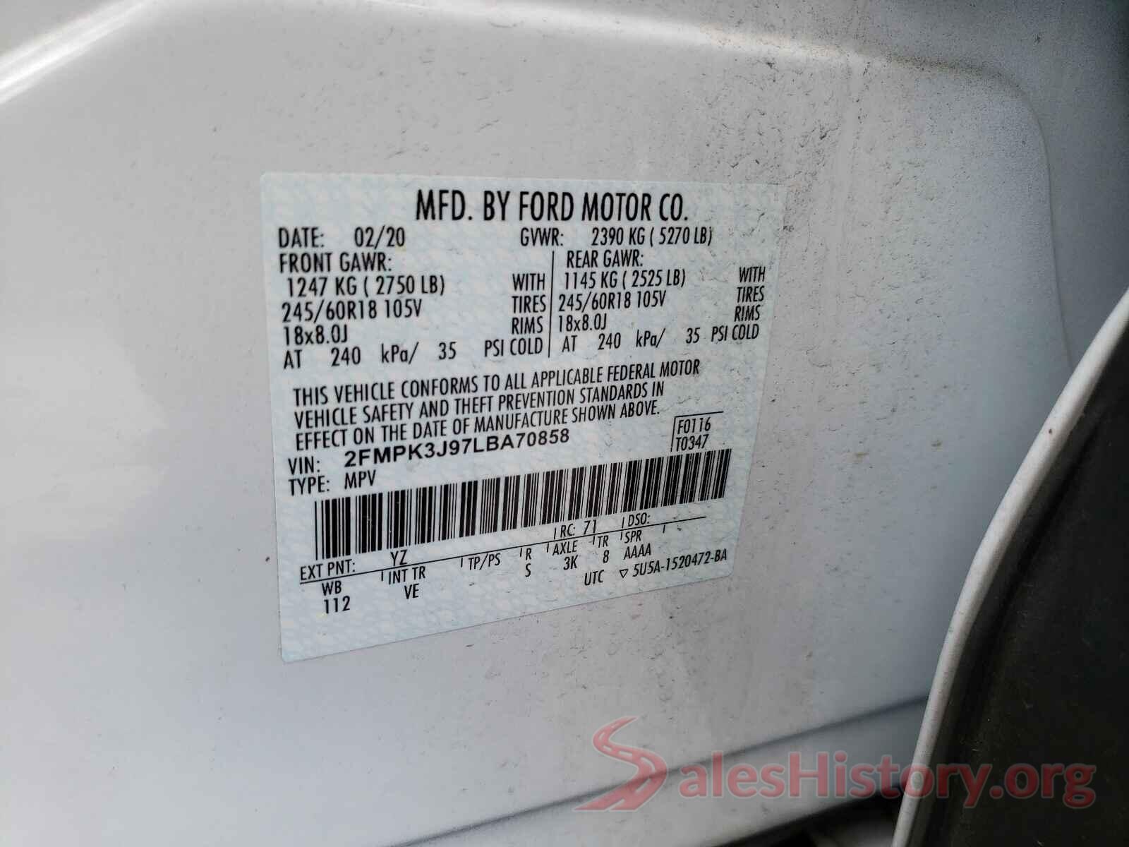 2FMPK3J97LBA70858 2020 FORD EDGE