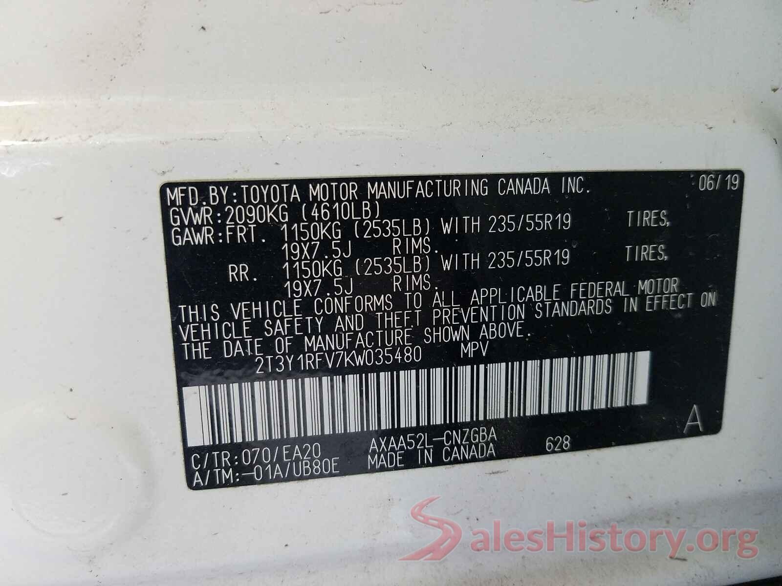 2T3Y1RFV7KW035480 2019 TOYOTA RAV4