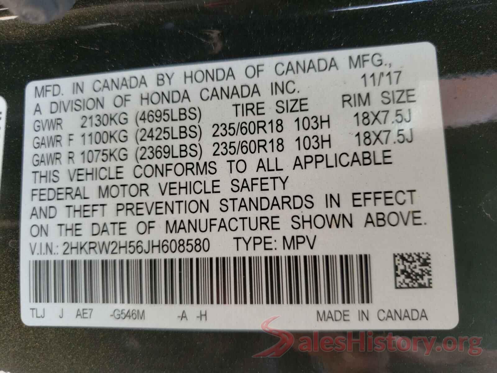 2HKRW2H56JH608580 2018 HONDA CRV