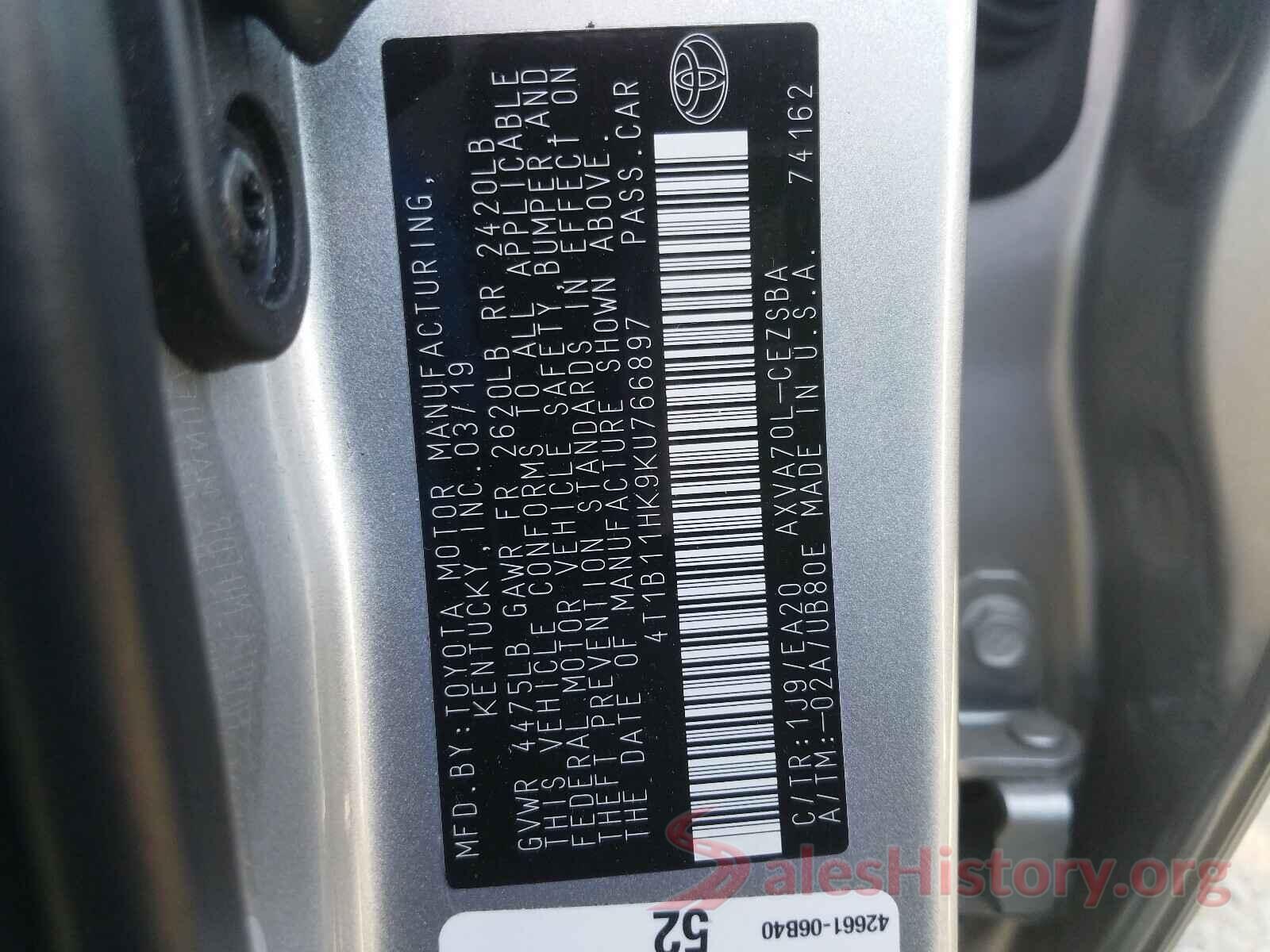 4T1B11HK9KU766897 2019 TOYOTA CAMRY