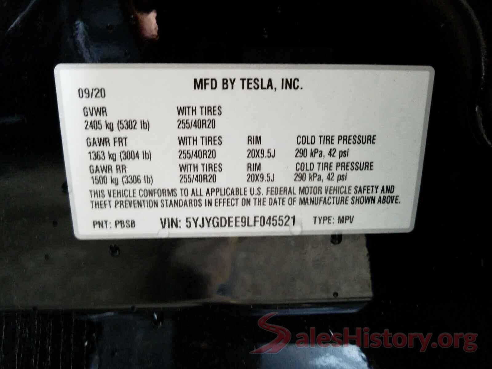 5YJYGDEE9LF045521 2020 TESLA MODEL Y