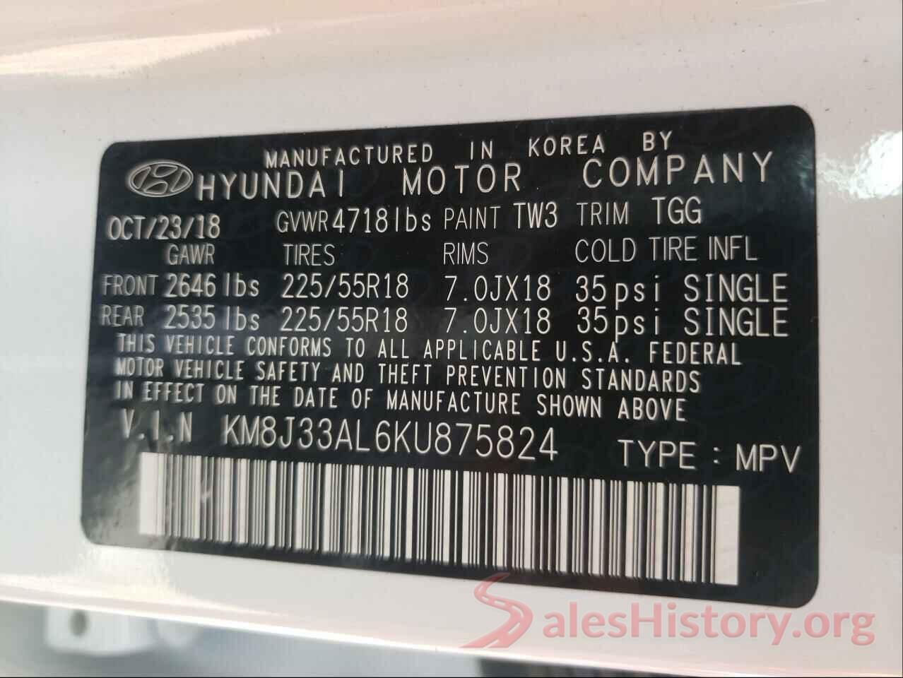 KM8J33AL6KU875824 2019 HYUNDAI TUCSON