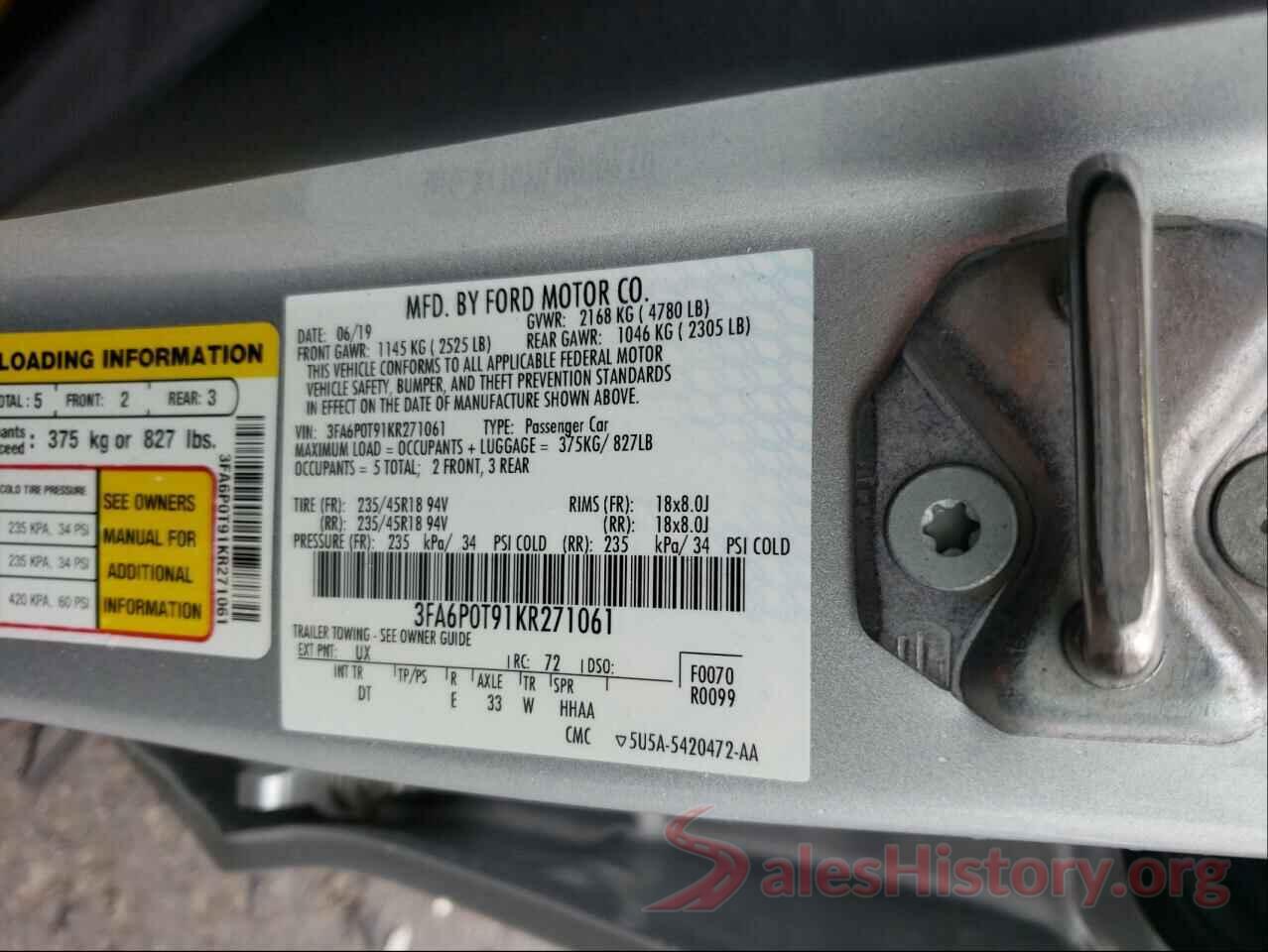 3FA6P0T91KR271061 2019 FORD FUSION