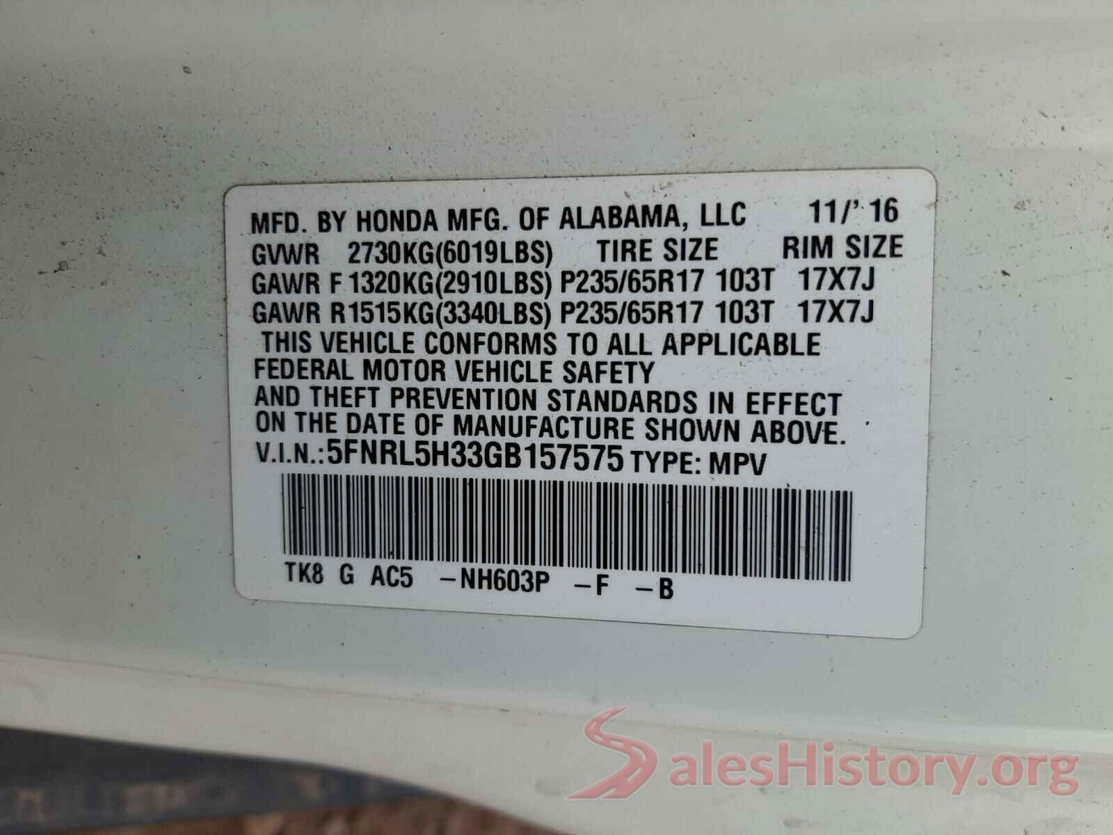 5FNRL5H33GB157575 2016 HONDA ODYSSEY