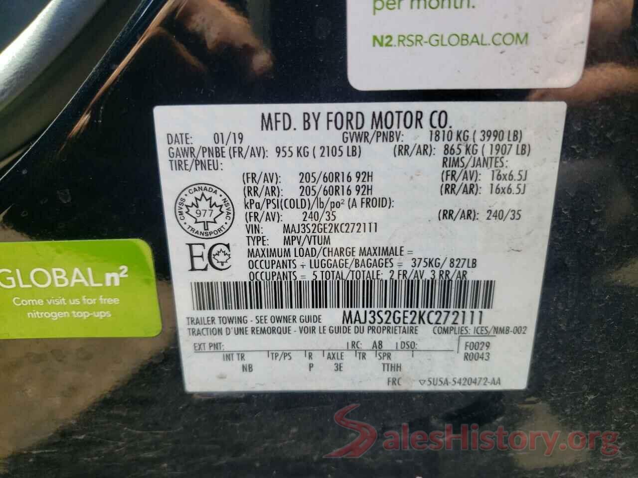 MAJ3S2GE2KC272111 2019 FORD ECOSPORT