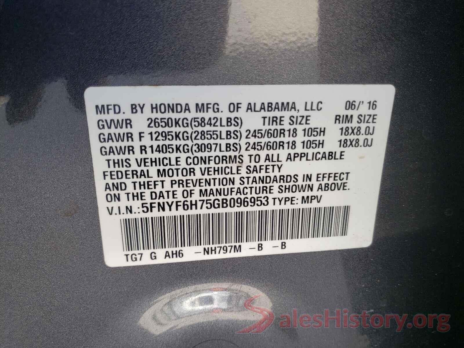 5FNYF6H75GB096953 2016 HONDA PILOT