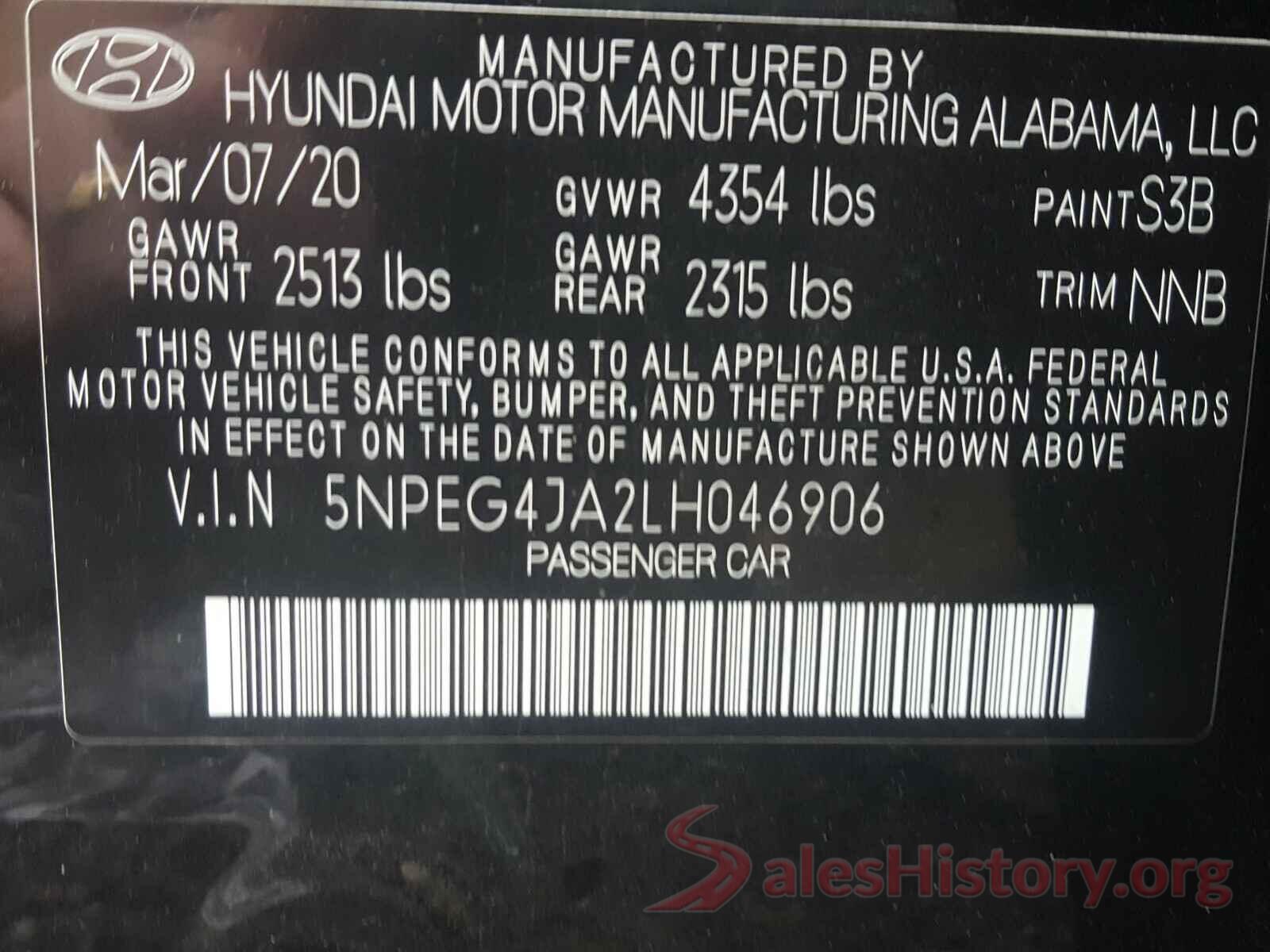 5NPEG4JA2LH046906 2020 HYUNDAI SONATA