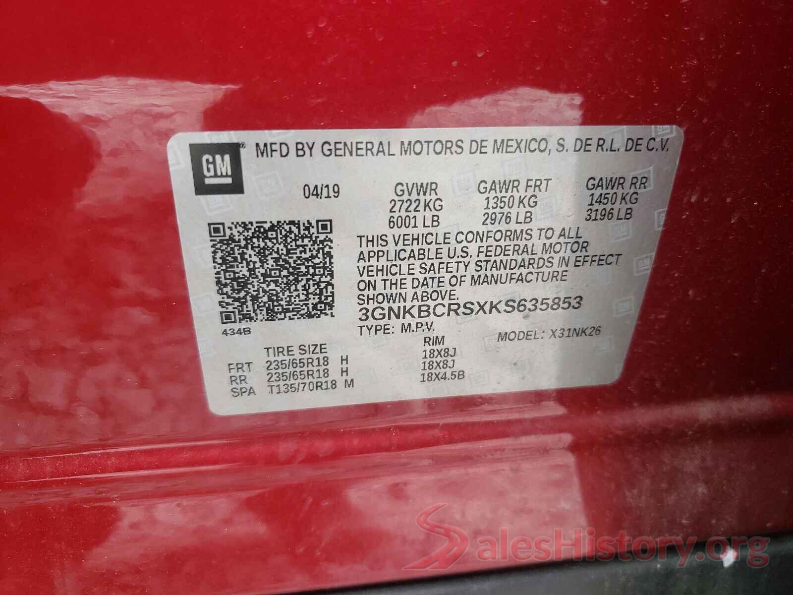 3GNKBCRSXKS635853 2019 CHEVROLET BLAZER