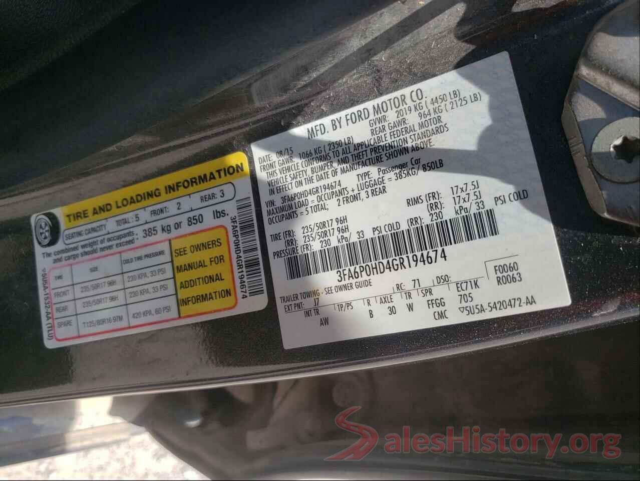 3FA6P0HD4GR194674 2016 FORD FUSION