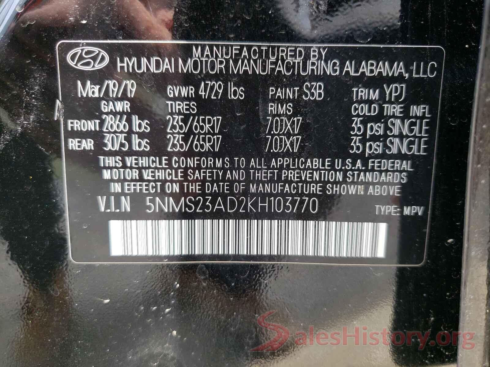 5NMS23AD2KH103770 2019 HYUNDAI SANTA FE