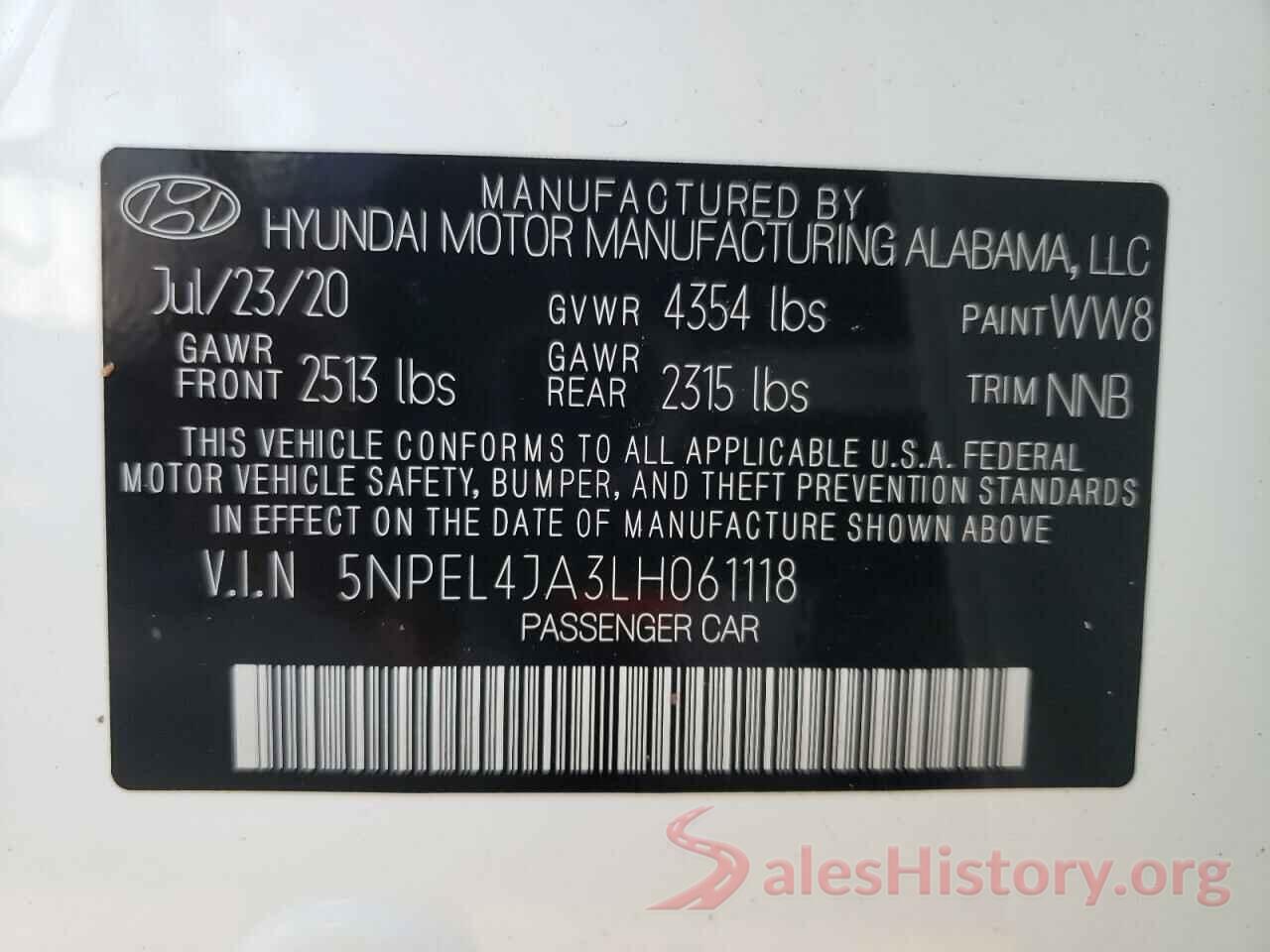 5NPEL4JA3LH061118 2020 HYUNDAI SONATA