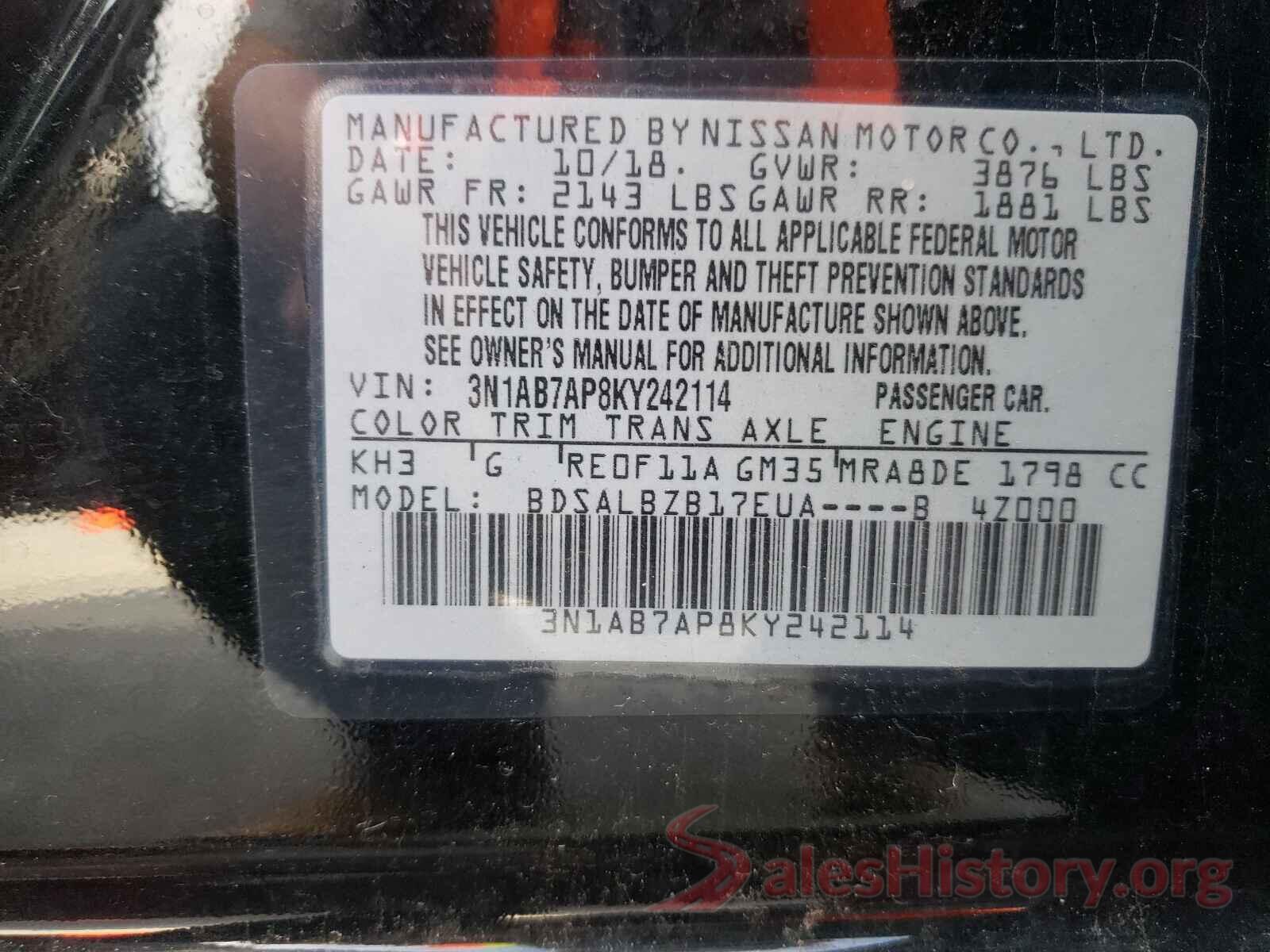 3N1AB7AP8KY242114 2019 NISSAN SENTRA