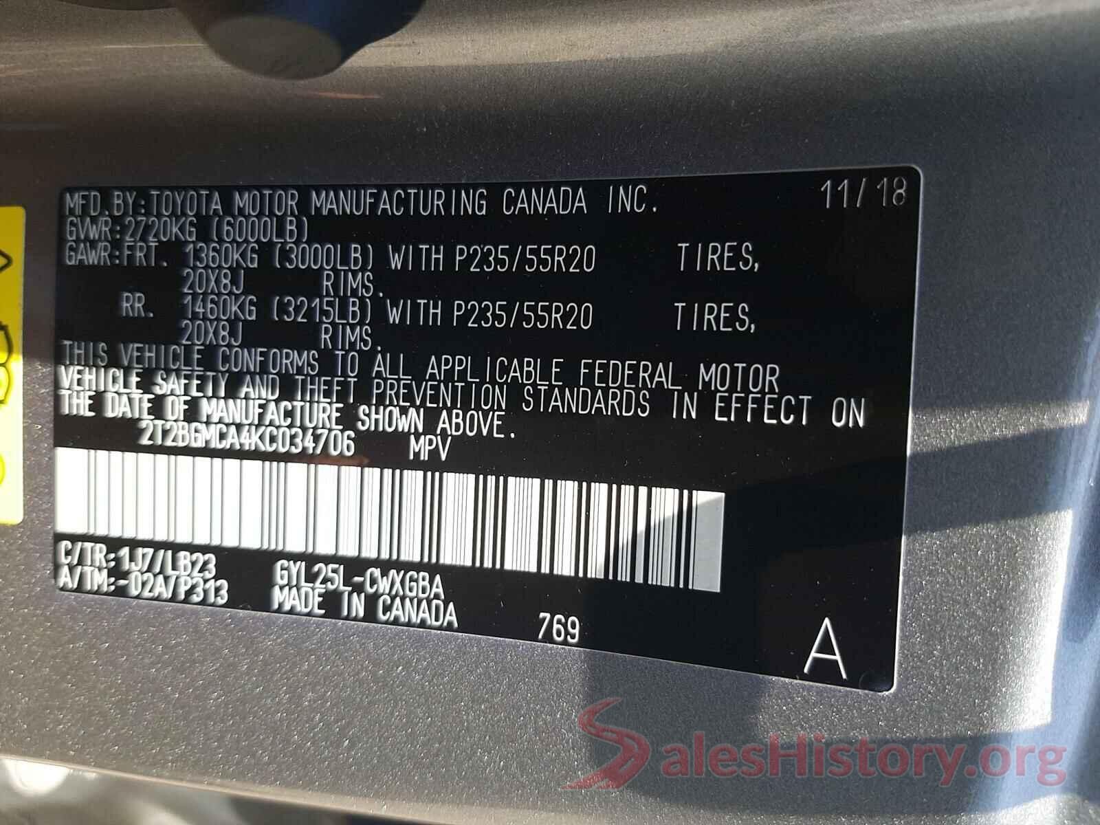 2T2BGMCA4KC034706 2019 LEXUS RX450