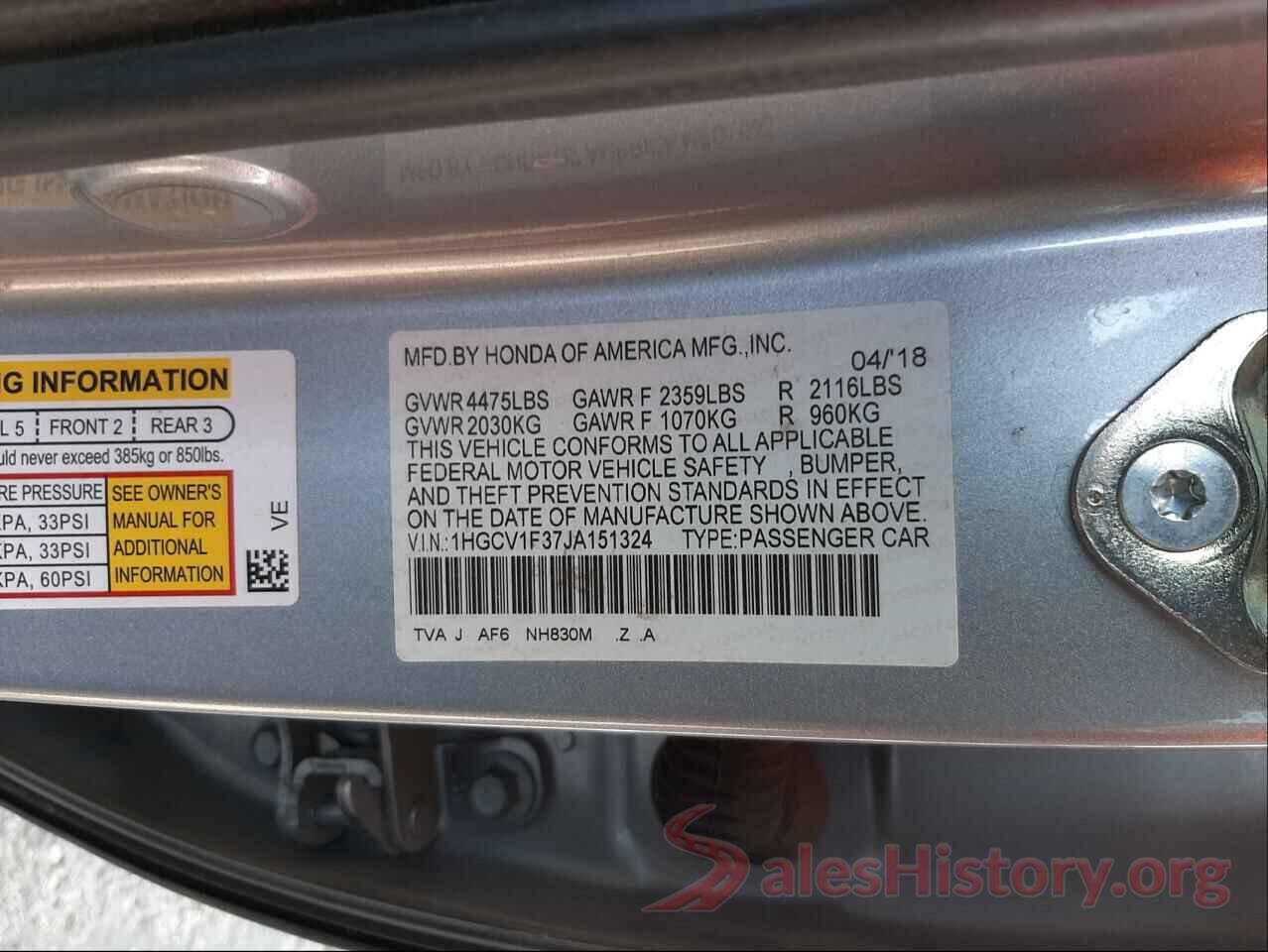 1HGCV1F37JA151324 2018 HONDA ACCORD