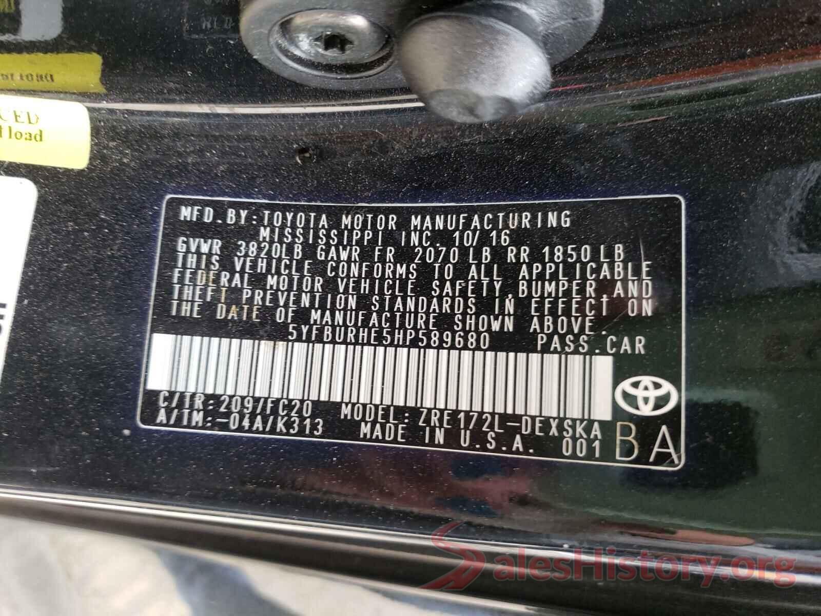 5YFBURHE5HP589680 2017 TOYOTA COROLLA