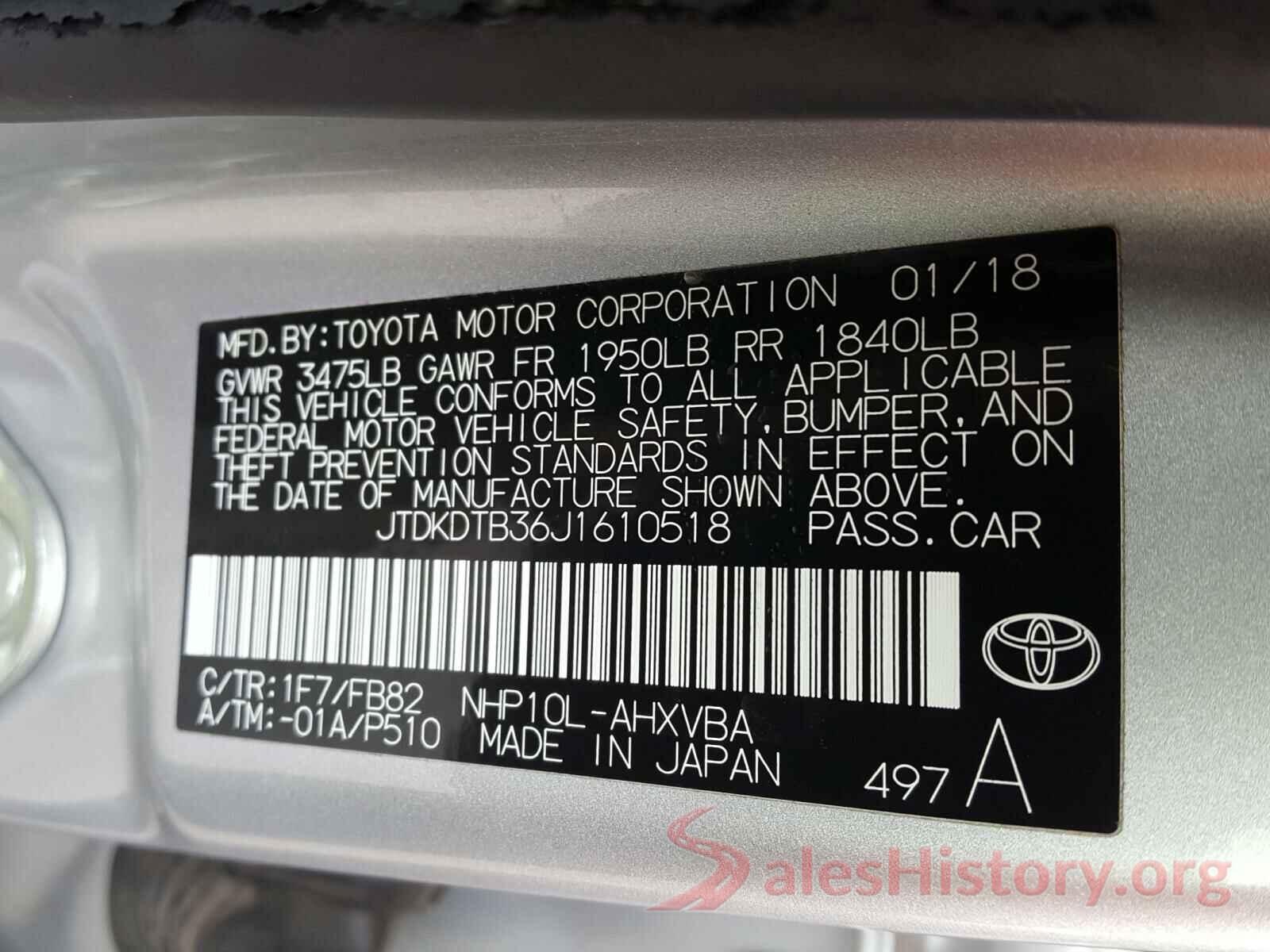 JTDKDTB36J1610518 2018 TOYOTA PRIUS