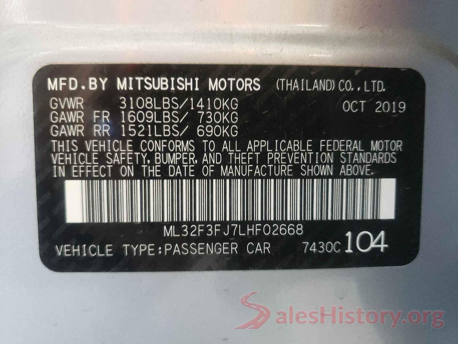 ML32F3FJ7LHF02668 2020 MITSUBISHI MIRAGE