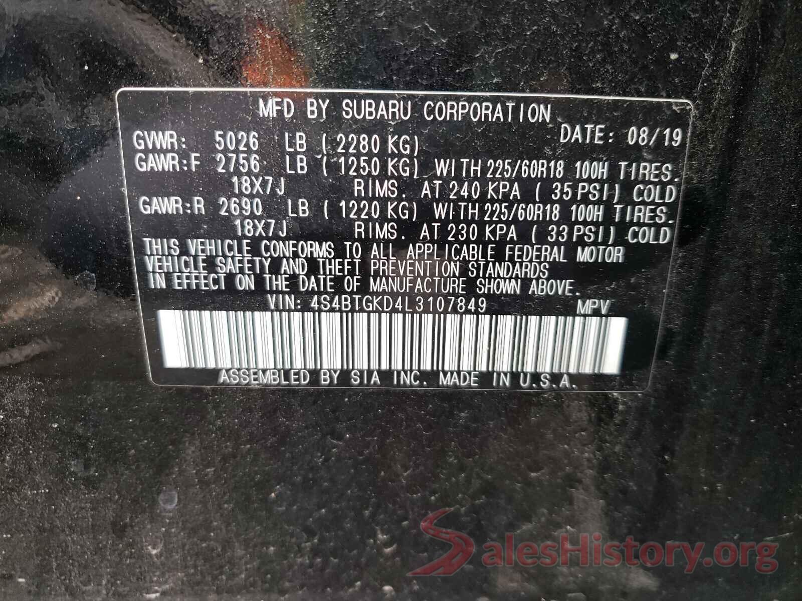 4S4BTGKD4L3107849 2020 SUBARU OUTBACK