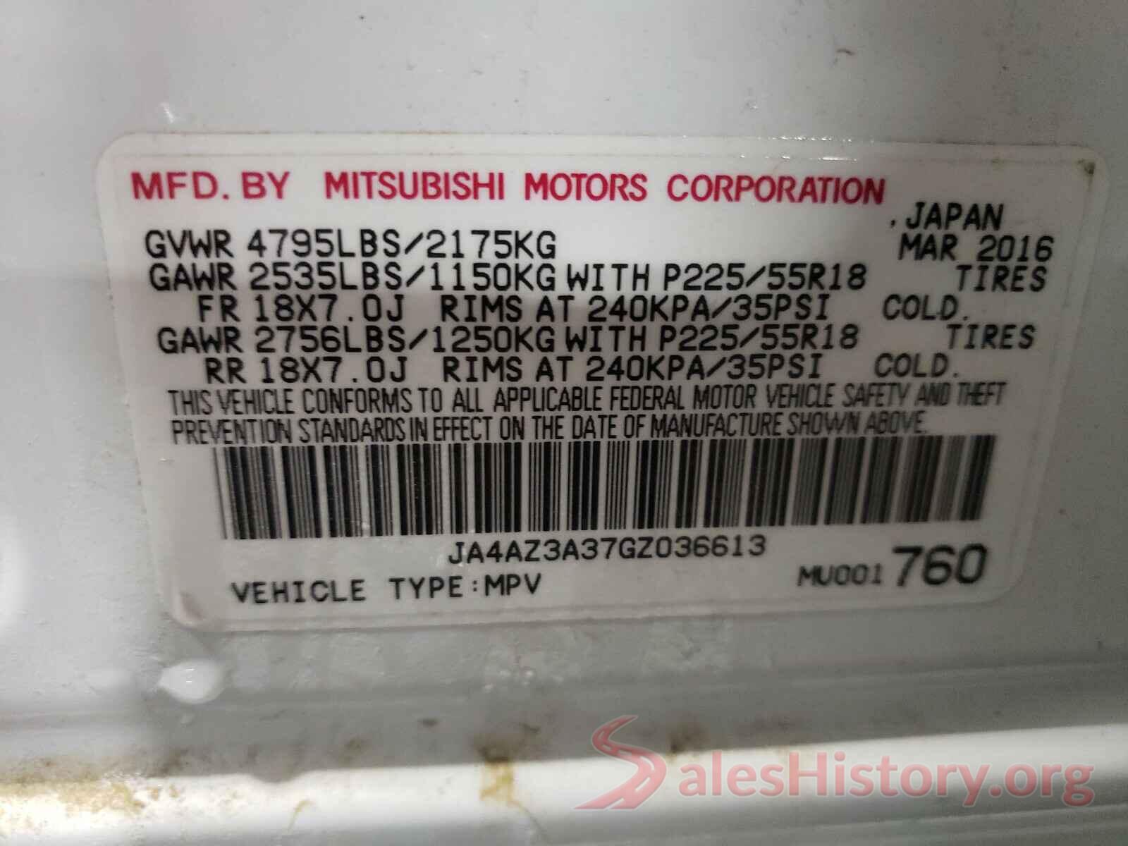 JA4AZ3A37GZ036613 2016 MITSUBISHI OUTLANDER