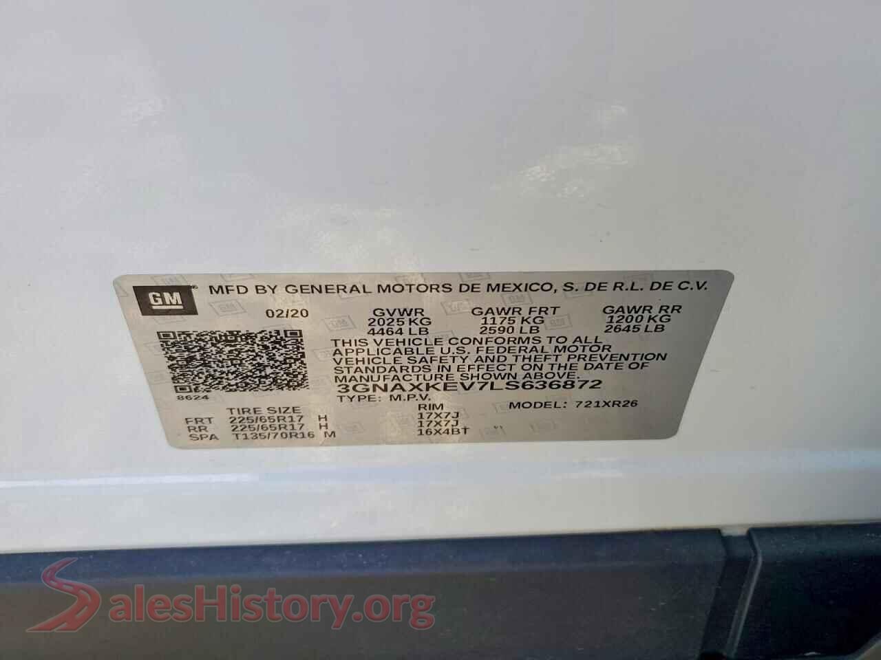2020 CHEVROLET EQUINOX VIN 3GNAXKEV7LS636872, trunk area