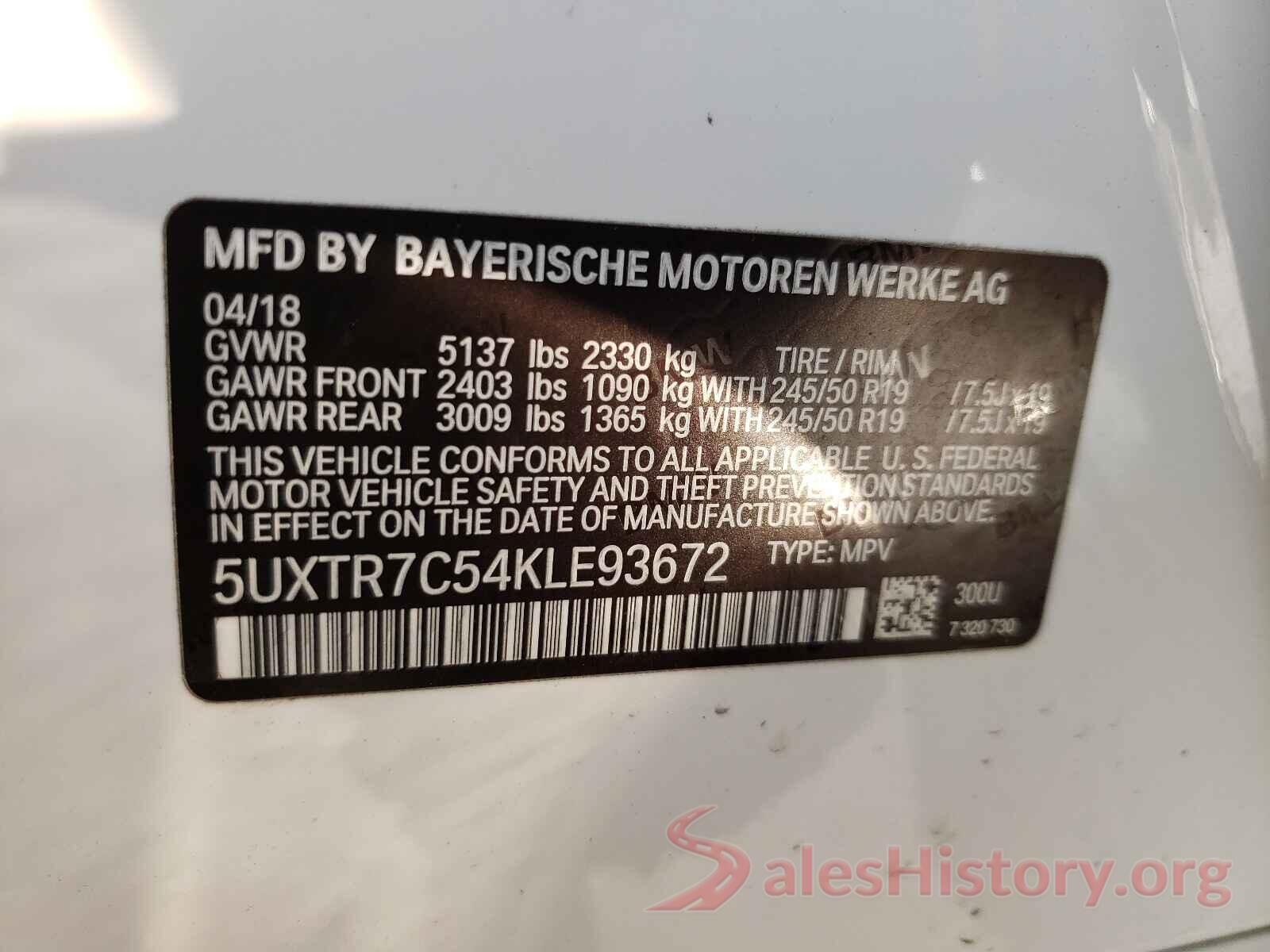 5UXTR7C54KLE93672 2019 BMW X3