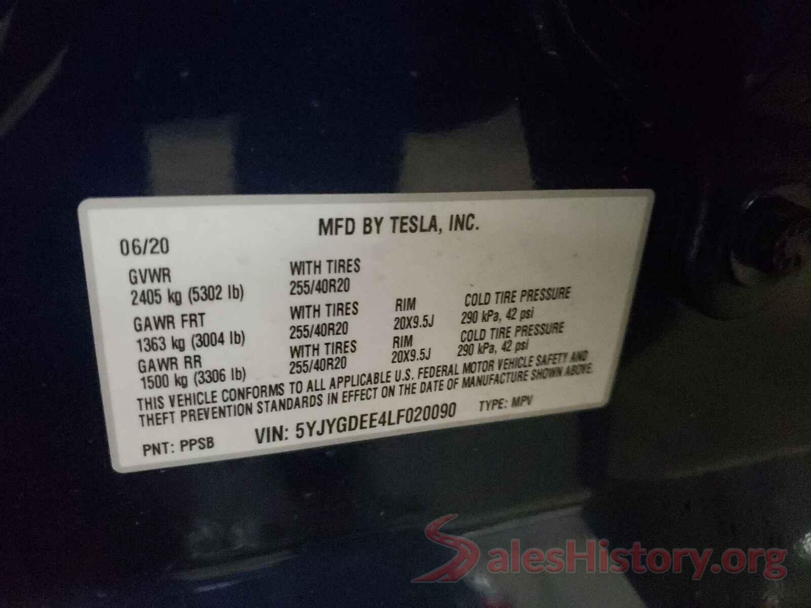 5YJYGDEE4LF020090 2020 TESLA MODEL Y