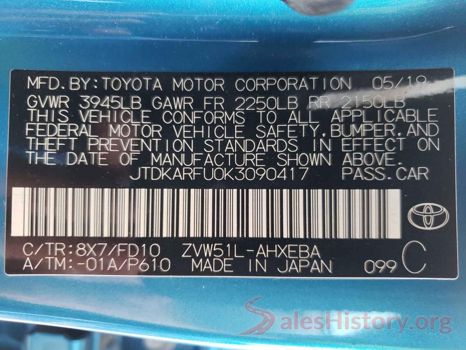 JTDKARFU0K3090417 2019 TOYOTA PRIUS