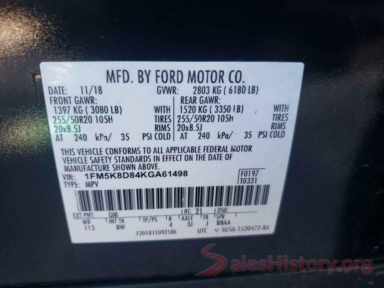 1FM5K8D84KGA61498 2019 FORD EXPLORER