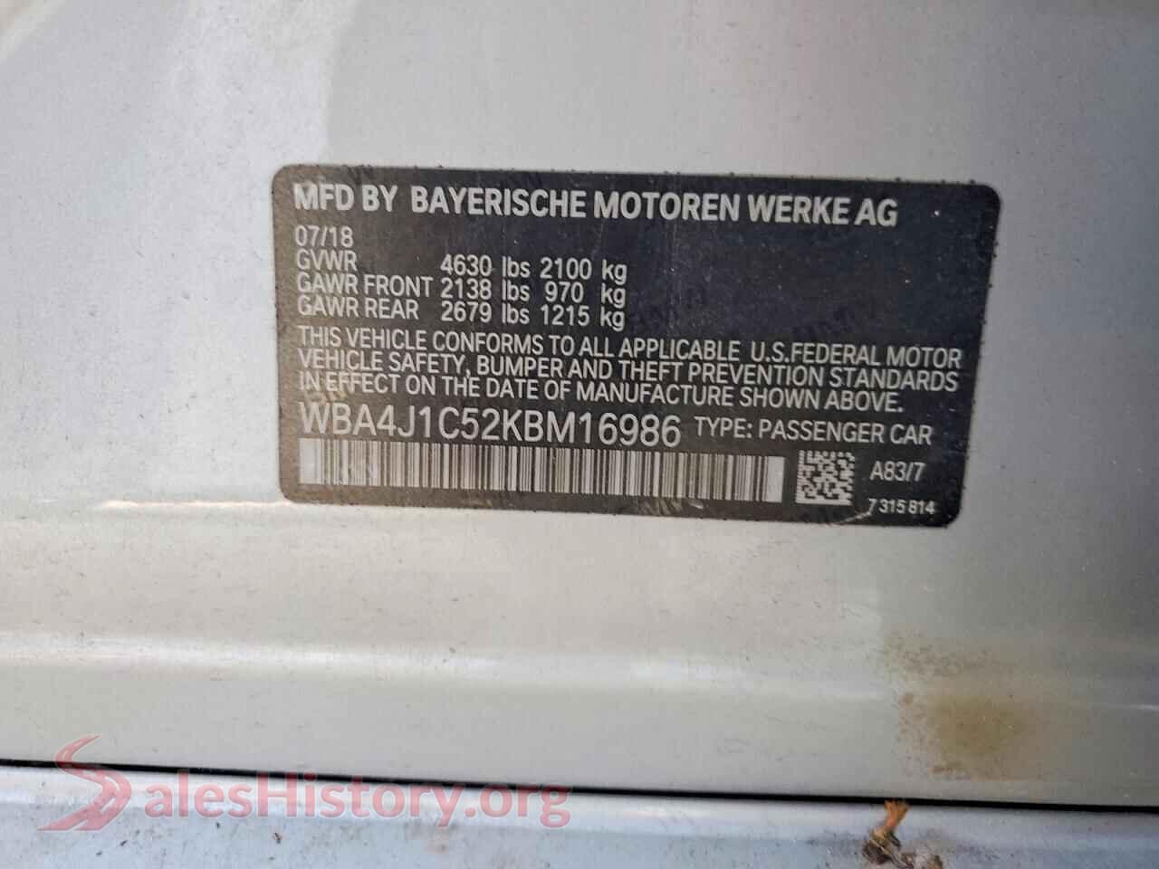 2019 BMW 4 SERIES VIN WBA4J1C52KBM16986, trunk area