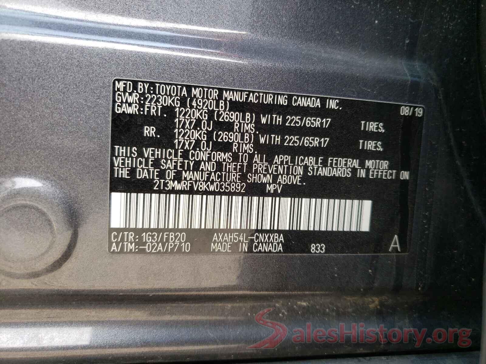 2T3MWRFV8KW035892 2019 TOYOTA RAV4