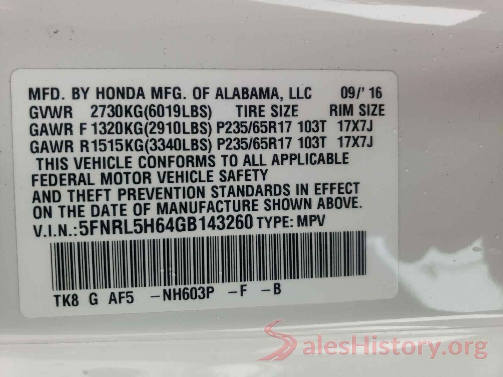 5FNRL5H64GB143260 2016 HONDA ODYSSEY