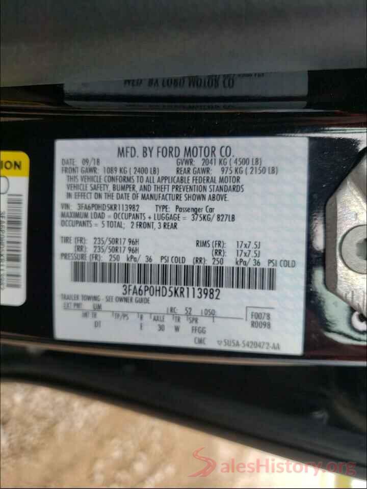 3FA6P0HD5KR113982 2019 FORD FUSION