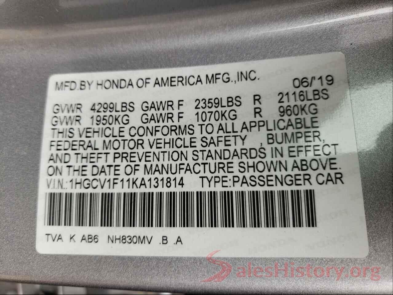 1HGCV1F11KA131814 2019 HONDA ACCORD