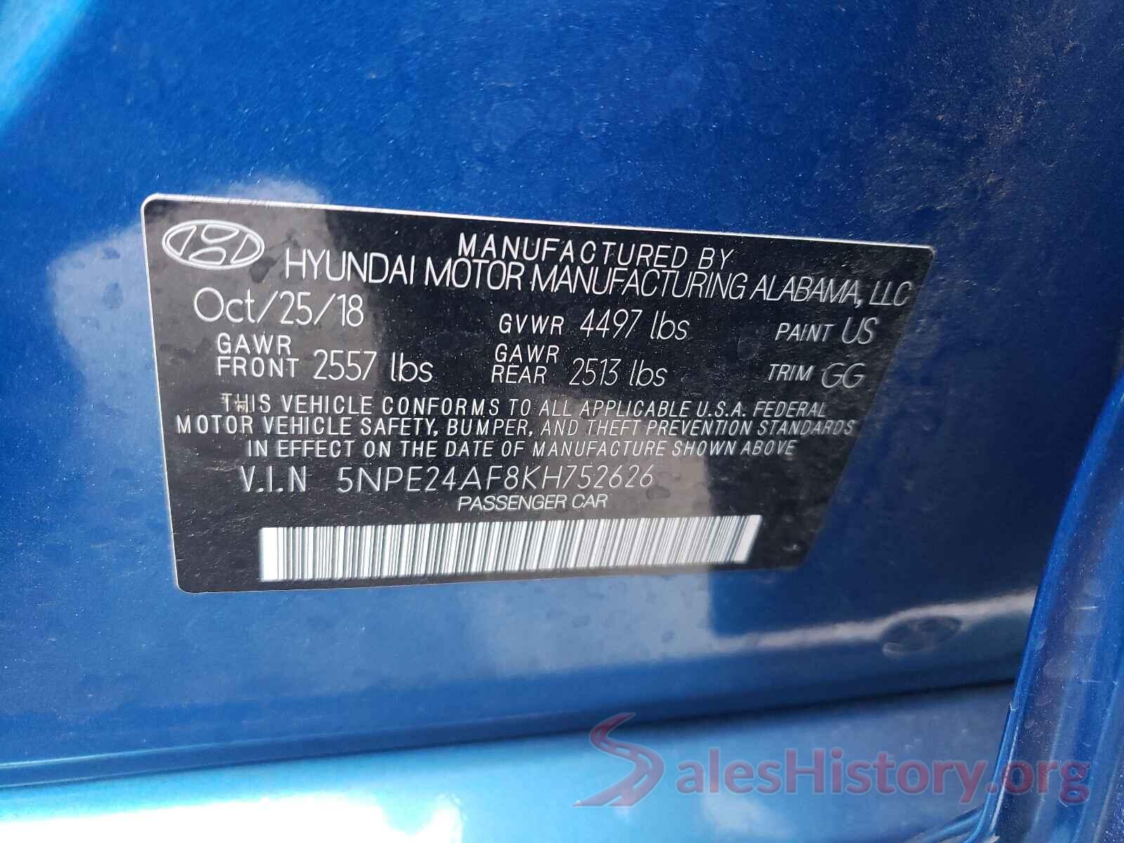 5NPE24AF8KH752626 2019 HYUNDAI SONATA