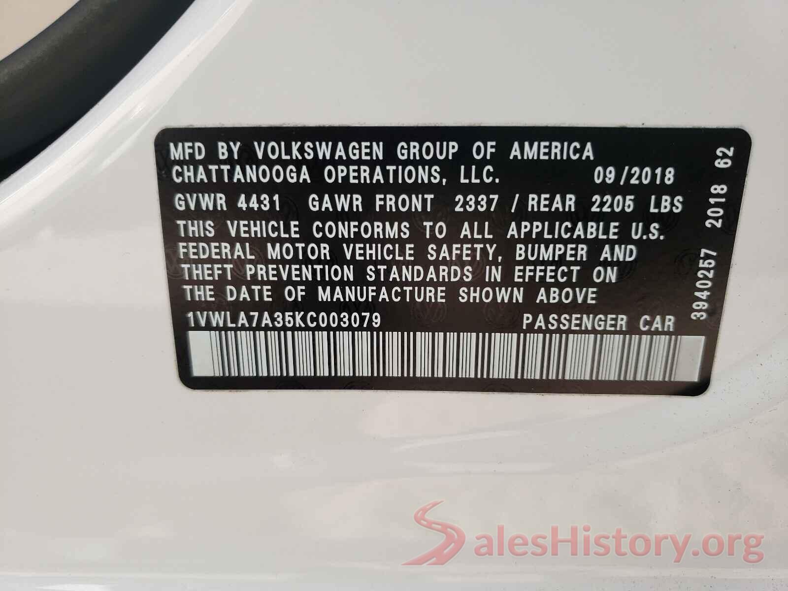 1VWLA7A35KC003079 2019 VOLKSWAGEN PASSAT