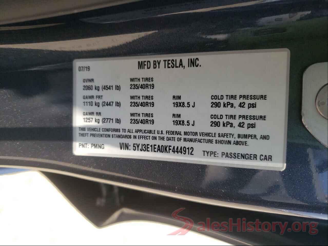 5YJ3E1EA0KF444912 2019 TESLA MODEL 3