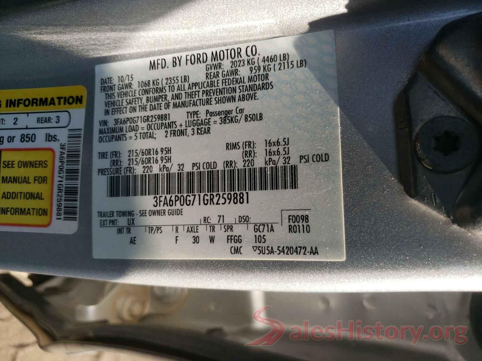 3FA6P0G71GR259881 2016 FORD FUSION